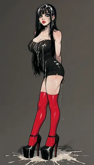 ((Melkor mancin mix markgavatino)), (incase style:1.2), white background, masterpiece, solo, ((cum covered hair:1.5)), (cum on platform heels:1.5), bimbo body, perfect hourglass, huge breasts, long legs, goth makeup, bright red lipstick, ((very long black hair, fringe)), black tube top, (red stockings with garters), (black high heels with platform:1.6), ratatatat74, <lora:LCMTurboMix_Euler_A_fix:.6>, <lora:ratatatat74-000050:1.4>, <lora:Tsune_XL:1.6>, <lora:mk_Bp Anime_xl:1.8>, <lora:EnvyBeautyXL02:1.5>