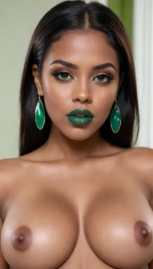 Full-portrait insanely detailed photo of an latin 28-year-old girl, curvy body, latina, black straight hairs, full lips, (((green lipstick))), very big eyes, make up, ((dark skin)), (dark skin cinnamon), (nude:1.2), (naked:1.3), (((no clothes))), (((with elastic big breasts))), (((green nipples))), (((green eye shadow))), (((green bubble earrings))), (pussy visible:1.3), sexy, beautiful, tanned, with a perfect face, detailed face, (detailed hair, light hairstyle:1.1), (shiny dark skin body, realistic sweat:1.1), straight hairs, black hairs, earrings, nose earrings, Looking at the camera, in a modern room, lots of details, three-dimensional, epic, clear focus, depth of field, professional lighting, full view, 8k photography, HDR, the picture was taken on Canon EOS R5, 75 mm lens