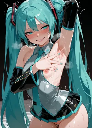 absurdres, details, hatsune miku, armpit cutout, tiny, unrealistically flat chest breasts, side boob, afterglow, seductive, nipple slip, horror crazy eyes crazy smile, breathing, pussy juice, microskirt, trembling, spread armpit, arm up, sideways glance at viewer, blush, frown, sweat, bukkake, cum, <lora:MS_Real_XL_Bukkake:.8>