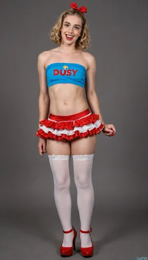 a cross-dressing man—smooth-skinned, (((real man))), (((male crossdresser))), and clean-shaven—wearing blonde hair, feminine makeup, ahegao expression.He appears full-body in the image. Crazy smile, very happy face, tonge out, He is facing forward. flat, he wears Blue strapless crop top with red off-shoulder ruffles and red bow detail at the center, yellow ruffled tulle mini skirt, yellow garter belt with straps, white thighhigh stockings with red bows at the top and garter straps, red high-heeled platform shoes, holding a red apple in one hand, white blouse sleeve with blue ruffles on one shoulder, red bow in black wavy hair, white background, photorealistic, full body pose with one leg slightly lifted