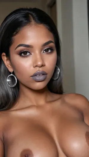 Insanely close up detailed photo of an latin 28-year-old girl, curvy body, latina, black straight hairs, full lips, (((grey lipstick))), very big eyes, eyes shade make up, dark skin, (dark skin cinnamon), (nude:1.2), (naked:1.3), (((no clothes))), (((with elastic big breasts))), (((bubble earrings))), (different poses), (showing her butts), (pussy visible:1.3), sexy, beautiful, tanned, with a perfect face, detailed face, orgasm face, (detailed hair, light hairstyle:1.1), (shiny dark skin body, realistic sweat:1.1), straight hairs, black hairs, earrings, nose earrings, Looking at the camera, in a dark room, lots of details, three-dimensional, epic, clear focus, depth of field, professional lighting, full view, 8k photography, HDR, the picture was taken on Canon EOS R5, 75 mm lens