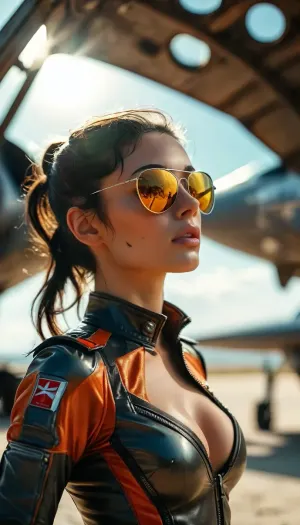 Masterpiece, view from below, French 30 years old woman, tall, ((strict ponytail black hair)), sexy, seductive face, tanned, heavy eyeliner, large natural boobs, ((black jet fighter pilot suit)), (deep cleavage), ((standing)), military airfield, bright sun, perfect hands, ((mirror aviator sunglasses)), <lora:style_lora_realis:.8>, <lora:MJ52:.8>, looking, at, viewer, <lora:looking_at_viewer:.8>