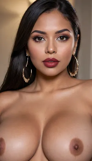 Insanely close up detailed photo of an latin 28-year-old girl, curvy body, latina, black straight hairs, full lips, (((lipstick))), very big eyes, make up, dark skin, (dark skin cinnamon), (nude:1.2), (naked:1.3), (((no clothes))), (((with elastic big breasts))), (((round earrings))), (different poses), (showing her butts), (pussy visible:1.3), sexy, beautiful, tanned, with a perfect face, detailed face, (detailed hair, light hairstyle:1.1), (shiny dark skin body, realistic sweat:1.1), straight hairs, black hairs, earrings, nose earrings, Looking at the camera, in a dark room, lots of details, three-dimensional, epic, clear focus, depth of field, professional lighting, full view, 8k photography, HDR, the picture was taken on Canon EOS R5, 75 mm lens