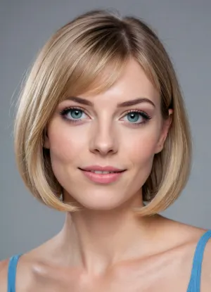 Photorealistic portrait of an adult Belgian woman with a, (delicate, feminine, youthful, narrow oval face:1.4), (36 years old:1.3), (joyous, slightly naughty expression:1.3), (large almond-shaped blue-gray eyes with subtle blue-green tones:1.5), natural catchlights and detailed irises, (softly arched natural blonde eyebrows:1.2), (small delicate straight nose:1.25), and, (naturally full rosy-pink lips:1.2), . Harmonious facial proportions, softly defined cheekbones and jawline, subtly rounded chin., (Fair warm-neutral skin with realistic texture and subtle natural imperfections:1.3), minimal makeup, natural rosy cheeks., (Light champagne-blonde hair:1.4), (chin-length French bob:1.5), softly rounded and slightly textured ends, (straight wispy bangs:1.4), subtle darker roots, natural highlights and individual hair strands., (Youthful adult appearance, natural beauty, realistic human anatomy:1.4), subtle facial asymmetry, approachable and authentic expression. Ultra-realistic photography, high-resolution, natural lighting, shallow depth of field, realistic skin and hair, no artificial beauty filters.