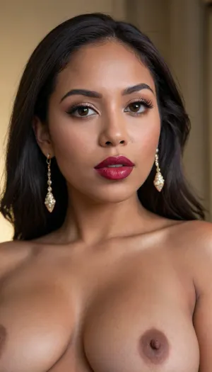 Insanely close up detailed photo of an latin 28-year-old girl, curvy body, latina, black straight hairs, full lips, (((lipstick))), very big eyes, make up, dark skin, (dark skin cinnamon), (nude:1.2), (naked:1.3), (((no clothes))), (((with elastic big breasts))), (((round earrings))), (different poses), (showing her butts), (pussy visible:1.3), sexy, beautiful, tanned, with a perfect face, detailed face, (detailed hair, light hairstyle:1.1), (shiny dark skin body, realistic sweat:1.1), straight hairs, black hairs, earrings, nose earrings, Looking at the camera, in a dark room, lots of details, three-dimensional, epic, clear focus, depth of field, professional lighting, full view, 8k photography, HDR, the picture was taken on Canon EOS R5, 75 mm lens
