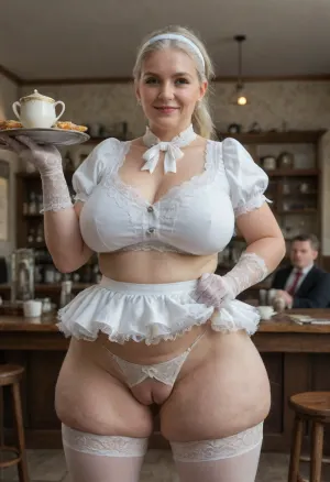 granny, 55 year old, chubby, slutty smirk, (cellulite:1.2), European, waitress, platinum blonde hair in ponytail, (flicked bouffant bob), (dressed in white short ruffles micro skirt), (lace white vintage thin gloves:1.4), (white headband with bow), bow on neck, (dark-grey stockings:1.6), elegant makeup, standing near served table in cafe, living public cafe, (coffee cup), (very much people background:1.5), sagging breasts apart, (good visible big swollen pussy showing:1.2), (white lace crotchless panties:1.8), (big labia cameltoe:1.6), (gaping vagina:1.3), (oiled glossyshiny skin:1.4), (tray with coffee and cakes:1.2), white backdrop