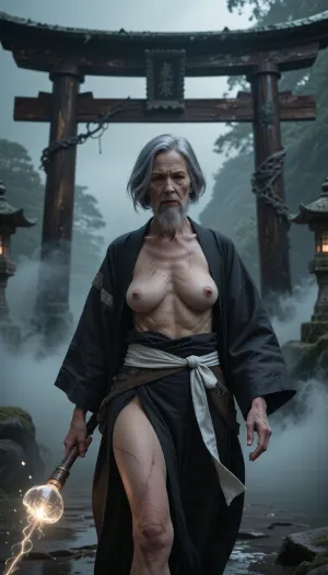A full-body view at a distance of 6 meters, from head to toe. A cinematic sci-fi fantasy artwork, (an aged nude pilot woman, 70 years old, her skin is that of a 70-year-old woman. The old lady has grey, Small, long, and very saggy breasts, old, wrinkled, and sagging skin, typical of her age of 70, with stretch marks, ((very detailed skin)), . Hair cut in a bob.
cinematic medium shot, an elderly Zen master with a gray beard, wearing a traditional dark robe with a white sash, walking forward with a serious expression, a glowing magical light orb or ethereal staff in his hand, a majestic ancient dark wood Japanese torii gate in the background, misty and atmospheric environment, moody lighting, smoke and fog swirling around, ethereal atmosphere, highly detailed textures, photorealistic, 8k resolution, epic fantasy style, dramatic shadows, muted color palette, masterpiece.)