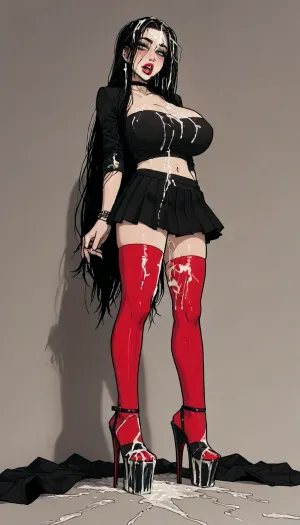 ((Melkor mancin mix markgavatino)), (incase style:1.2), white background, masterpiece, solo, ((cum covered hair:1.5)), (cum on platform heels:1.7), bimbo body, sexy open mouth, perfect hourglass, huge breasts, long legs, goth makeup, bright red lipstick, ((very long black hair)), black tube top, black pleated skirt, (red stockings with garters), (black high heels with platform:1.6), ratatatat74, <lora:LCMTurboMix_Euler_A_fix:.6>, <lora:ratatatat74-000050:1.4>, <lora:Tsune_XL:1.6>, <lora:mk_Bp Anime_xl:1.8>, <lora:EnvyBeautyXL02:1.5>
