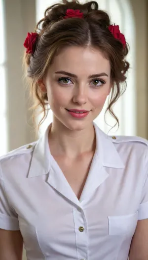 beautiful sexy slender young lady, hot sweaty pale white skin, kind soft, flirty eyes, flirty smirk smile, rough tangled rose hair, temporal uniform