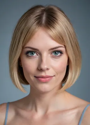 Photorealistic portrait of an adult Belgian woman with a, (delicate, feminine, youthful, narrow oval face:1.4), (36 years old:1.3), (joyous, slightly naughty expression:1.3), (large almond-shaped blue-gray eyes with subtle blue-green tones:1.5), natural catchlights and detailed irises, (softly arched natural blonde eyebrows:1.2), (small delicate straight nose:1.25), and, (naturally full rosy-pink lips:1.2), . Harmonious facial proportions, softly defined cheekbones and jawline, subtly rounded chin., (Fair warm-neutral skin with realistic texture and subtle natural imperfections:1.3), minimal makeup, natural rosy cheeks., (Light champagne-blonde hair:1.4), (chin-length French bob:1.5), softly rounded and slightly textured ends, (straight wispy bangs:1.4), subtle darker roots, natural highlights and individual hair strands., (Youthful adult appearance, natural beauty, realistic human anatomy:1.4), subtle facial asymmetry, approachable and authentic expression. Ultra-realistic photography, high-resolution, natural lighting, shallow depth of field, realistic skin and hair, no artificial beauty filters.