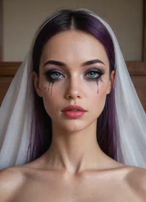 (the brutal Japanese woman:1.7), long straight purple hair, full nude, delicate youthful facial features, large expressive blue eyes, fair smooth skin, natural well-groomed eyebrows, subtle eyelashes, perfectly applied makeup, (flawless professional makeup:1.8), elegant makeup, polished beauty look, luminous complexion, smooth even skin tone, subtle contouring, soft blush, refined eyeshadow, precise eyeliner, defined long eyelashes, big fillers rainbow lips, big glossy lips, harmonious facial makeup, gentle neutral expression, looking directly at viewer, leaning very far forward toward the viewer, face extremely close to the viewer, head dominating the foreground, extreme close-up perspective, face filling most of the frame, strong foreground presence, eyes and facial features prominently visible, relaxed posture, blue big niples, Bells are tied to very large teats, bedroom interior, bed with white bedsheets, wooden bed frame, large window behind her, warm natural daylight, soft sunlight through curtains, cozy elegant bedroom, wooden nightstand, framed wall art, A large, worn‑out pink anus from which a lot of thick semen is oozing., soft background blur, highly detailed youthful adult face, detailed individual hair strands, natural skin texture, realistic fabric texture, cinematic composition, high detail, masterpiece, best quality, (Ultra skinny:2), closeup, luisap, eyes, <lora:LPEYES_lora:.8>, <lora:Lip_Gloss_sexy_lips_by_DarkEffect:2>