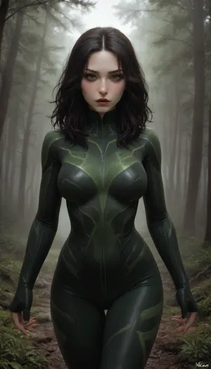 (Beautiful), Digital art style, masterpiece, best quality, high resolution, score_9, score_8_up, score_7_up, score_6_up, 4K ultra-detailed image, HDR, enhancement, professional photography, precise anatomy, (perfect symmetry, 5 fingers per hand), maximum resolution, sharp focus, NSFW, (Marvel' Hela:1.4), (front view:1.4), tight black and green skin suit, (long flowing black hair), green swords, green guys, athletic body, big breasts, posing, in Valhalla, Background is Nordic Valhalla, moody, forest, pale, skin, goth, person, incase, style, <lora:Hela-Marvel:1.4>, <lora:Moody_Forest_3:1.4>, <lora:Pale_Skin_SDXL_v1.0:1.4>, <lora:Goth_SDXL_V1:1.4>, <lora:Incase_Style__SDXL:1.4>