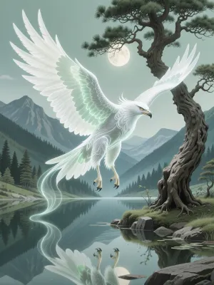 a serene Ukiyo-e inspired masterpiece of the Spirit of the Hawk, manifested not as a beast, but as a translucent, ethereal essence woven from pale silver energy that looms over a still, mirrored alpine lake. The entity possesses the sharp, regal profile of a hawk, with wings that span the entire frame, their feathers transitioning from opaque white into a luminous, flowing pale moss gradient that blends seamlessly into the environment. The setting is defined by a single, twisted ancient pine tree, bathed in the pale luminescence of a hidden moon. The color palette is strictly disciplined, centering on muted forest greens and stark whites, avoiding any saturation or chaos to maintain a sense of meditative peace. The camera is positioned at a low, reverent angle, capturing the weightless floating of the spirit as it hovers over a sleeping valley, creating a worldclass-masterpiece of spiritual longing., (watercolor), high resolution, intricate details, 4k, wallpaper, concept art, watercolor on textured paper.