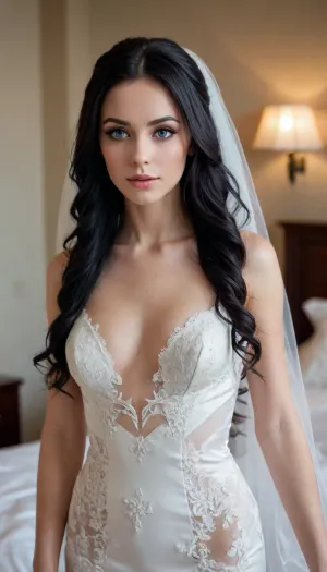 woman 30 years old, spanish, wearing a wedding dress in luxury hotel bedroom, (insanely detailed:.6), (film grain:.2), cute tall, long wavy tousled hair, sexy white silk wedding dress, side boob, c cup, cleavage, ((very revealing lace and silk wedding dress)), ((wife, bride, slutty bride:1.4)), (pale white skin), formal seductive Hair, seductive face, very fit, long colorful black hair, distinctive angular hair cut with large colorful forelocks framing her face. Big blue eyes, blushing expression. White silk lace wedding gown, tight ass, wears a thick, skinny model body, beautiful Facial Features, low cheekbones, wedding, bjd