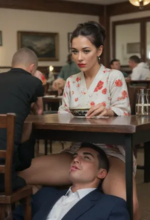 (Japanese woman, milf, Anna, 30 years old), almond-shaped hazel eyes, (black hair:1.3), thick, medium breasts, kimono, sitting on chair in sushi bar, open eyes, red lipstick, parted lips, (1 dark skinned African man, he is under the table, licking her pussy, stealth cunnilingus), dining table with tablecloth, ballroom, crowded, people in background, sharp focus, best shadow, score_9, 8K, clear image, extremely sharp, extremely detailed, extremely intricate detail, high res, ultra-high-definition, highly detailed, ultra-sharp textures, finely detailed, perfect skin texture, hyperrealistic lighting, professional photography, full dynamic range, deep contrast, high clarity, realistic depth of field