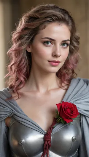 beautiful sexy slender young lady, hot sweaty pale white skin, kind soft, flirty eyes, flirty smirk smile, rough tangled rose hair, Greek soldiers armour, grey cloak