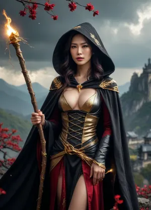 An ancient Japanese witch, (pretty face:1.5), (realistic face:1.5), (hood and cloak), exposed breasts, exposed pussy, fit body, epic fantasy, cinematic shot, dynamic lighting, (holds a black and gold staff topped with a lightening gem by one hand:1.2), towering castles and jagged mountains under a dramatic sky filled with swirling clouds, red petals and sparks float through the air, <lora:Midjourney Image Enhancer XL v1:.8>