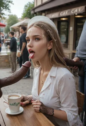 (full clothes 3men, blowbang:1.3), (side view:1.2), Sexy German blonde mature cum whore, in polka dot dress, gold necklace, (blowjob:1.3), sitting at the table, (eyes contact), slutty smirk, half-open mouth, perfect small tongue, (cum dripping from tongue:1.3), perfect 5 fingers, (fishnet thin gloves:1.2), red nails, huge heavy makeup, red lipstick, very good hair, (white sunhat with red bow:1.4), dark skinned African man side standing of woman, full clothed dark skinned man ejaculating sperm into her drinking coffee cup, side view, big ejaculation penis, (man's ejaculation big black penis is located directly above her coffee cup), (cum dripping in coffee cup:1.4), (ejaculation:1.3), (white cum on forehead:1.3), (cum on hair:1.3), (full sperm from man's big penis flows down into the drinking cup with coffee:1.2), (living public cafe outdoor, very much public background:1.4), (queue of many men to whore woman:1.3)