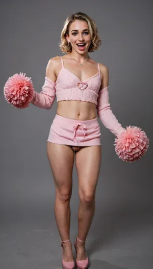 a cross-dressing man—smooth-skinned, (((real man))), (((male crossdresser))), and clean-shaven—wearing blonde hair, feminine makeup, ahegao expression.He appears full-body in the image. Crazy smile, very happy face, tonge out. flat, he wears wavy long blonde hair with black roots, shoulder-length, silky and voluminous, pink fuzzy fur cropped cardigan with drawstring and pom-poms, white ribbed spaghetti-strap mini dress with lace trim on neckline and hem, pink fuzzy fur arm warmers, white platform high-heel ankle boots with zipper front, silver heart necklace with pink pendant, silver heart earrings, silver heart rings, pink heart-shaped compact, pink lipstick and lip gloss, pink blush palette, white background, clean product photography, high detail, studio lighting