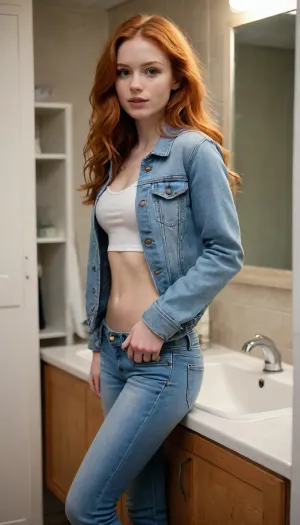A young, slender, beautiful, seductive redhead 18-year-old girl in a jeans jacket and long jeans pants, stands in the bathroom next to the sink her clothes coming off. Long flowing wavy ginger hair The chest is medium, High detail, excellent image quality