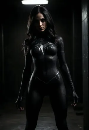 very slim and slender girl in black spiderman outfit, spiderman noir, long black hair, (full body view), very sexy, <lora:dark:.3>