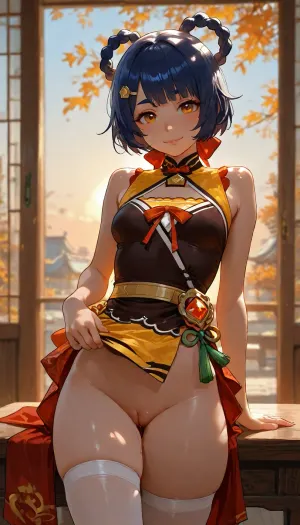 Xiangling from Genshin Impact., xiangling, (genshin, impact\), blue, hair, yellow, eyes, ornament, rings, braid, breasts, chinese, clothes, hairclip, dress, short, bangs, sleeveless, bare, shoulders, china, vision, thick, eyebrows, __________
. high resolution, high quality, front view, young beautiful girl 18 years old erotically sitting on desk, (petite body, young adult:1.1), (beautiful, girl), smiling, looking at viewer, seducing, one breast is naked, pussy peeking out from skirt, dripping pussy juice, lifting skirt, (no panties:1.4), (stockings:1.2), skirt, bow on neck, small breasts, very cute tall smile, dimples on cheeks, (8K), natural lips, (dappled light, dappled sunlight), __________, ., warm colors, sunset., ____________
Masterpiece, ultra high quality, high resolution, hyper detailed, masterpiece, best quality, ultra-detailed, photorealistic, RAW photo, 8k, professional photography, sharp focus on girl ___________, <lora:MJ52:1.6>, <lora:Jeweled eyes-NAI:1.1>, <lora:BUT_SDXL_SHS:.8>, <lora:SDXL Detail:1.3>, <lora:detailed_notrigger:1.7>, (xiang, ling\)