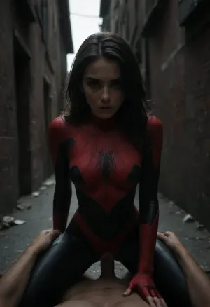 very slim and slender girl in black spiderman outfit kneeling on a guy, (cowgirl sex position, vaginal penetration), spiderman noir outfit, long black hair, POV, dark back alley, very sexy, <lora:dark:.5>