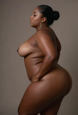 Black skin sbbw Brazilian woman, naked, tan line, side view