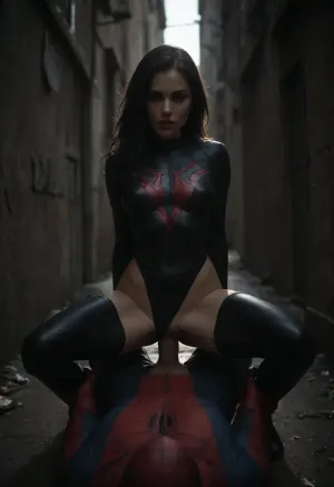 very slim and slender girl in black spiderman outfit riding a guy, (cowgirl sex position, vaginal penetration), spiderman noir, long black hair, (full body view), dark back alley, very sexy, <lora:dark:.5>