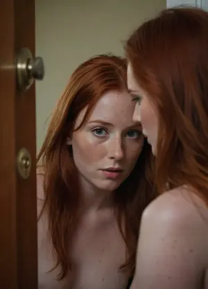 Picture taken through a tiny keyhole in a bedroom door that is in the foreground, Creepy peeping-tom spying image, ((voyeuristic)), peering through a keyhole in the door at a 25 year old athletic busty woman, redhead, slut wife, she is unaware looking away, door obscures most of the image, she is lying nude on herbed, long jet redhead hair, she is looking at her phone, laying, realistic detailed face, realistic detailed skin blemishes, freckles, pores, ultimate realism, looking away, whole body