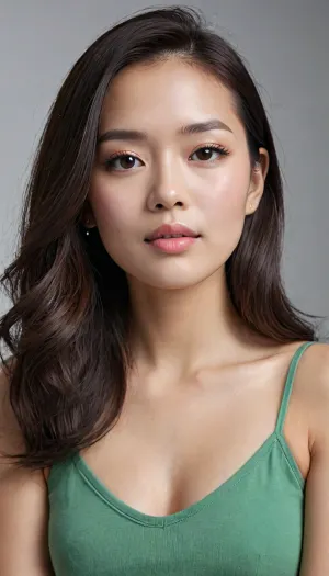 A young East Asian woman in her early-to-mid 20s, fair and smooth porcelain-like skin with a soft natural glow, no visible pores or blemishes, subtle healthy flush on the cheeks.
Face shape is softly oval with gently tapered jawline and slightly pointed chin, high and smooth forehead.
Eyes are large, almond-shaped, dark brown, (almost black), irises with clear, reflective catchlights, soft double eyelids, long natural dark lashes, subtle winged eyeliner at the outer corners, and a gentle upward tilt at the outer edges. She is looking slightly to her left, (viewer’s right), with a soft, attentive, slightly open expression.
Eyebrows are naturally full, softly arched, medium-to-dark brown, well-groomed but not overly thin, following a gentle curve that frames the eyes.
Nose is straight and refined, medium length, slightly rounded tip and delicate nostrils, the bridge is smooth and not high.
Lips are full and soft, upper lip with a gentle cupid’s bow, lower lip fuller, natural soft pinkish-nude color with a light sheen, slightly parted as if mid-speech or softly breathing, revealing a hint of the upper teeth.
Cheekbones are softly defined but not sharp, creating a gentle contour under soft lighting.
Ears are small and neatly shaped, the left ear is partially visible.
Hair is long, (mid-back length), straight with a soft natural flow, dark brown to near-black, parted slightly off-center, cascading over both shoulders and partially framing the face, fine strands catch the light, giving a silky, healthy texture.
Makeup is natural and minimal, soft contour, light foundation matching the skin, subtle eyeshadow in neutral tones, and natural lip color.
She is wearing a sleeveless high-neck, (mock turtleneck), ribbed knit top in a rich emerald/forest green that sits close to the neck. Soft natural daylight from the side creates gentle highlights on the hair and face, with a clean, bright, slightly overexposed white curtain background.