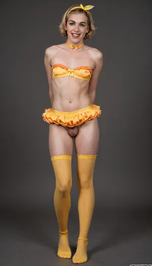 a cross-dressing man—smooth-skinned, (((real man))), (((male crossdresser))), and clean-shaven—wearing blonde hair, feminine makeup, ahegao expression.He appears full-body in the image. Crazy smile, very happy face, tonge out. flat, he wears wavy blonde hair with bright yellow and red tips, long straight style, black bob wig with bright yellow and red side-swept bangs, bright yellow feather headband, bright yellow feathery bikini top, bright yellow feathery micro skirt, bright yellow feather wrist cuffs, bright orange knee-high stockings, bright orange feather arm warmers, yellow egg basket with colorful eggs, laid flat on dark brown background, clean product photography, high detail, studio lighting