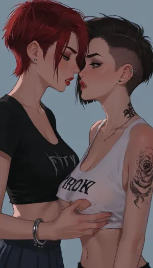 (side perspective), beautiful punk chicks with a ripped t-shirt, grabbing each other's breasts, about to kiss, frayed pleated miniskirt, piercings and tattoos, in a punk club, lesbian haircut, undercut hair, handcuffs, cleavage, back arched, angry, snarling, (hyper detailed), side boob, underboob, sideboob, large saggy breasts, no bra, (SamDoesArts:.9), drawing, (J_cartoon:1.3), (incase:.5), <lora:SDXLSamDoesArts:.5>, <lora:mk_Bp Anime_xl:.2>, <lora:EnvyAnimeDigitalPaintingXL01:.1>, <lora:ratatatat74-000050:.1>, <lora:J_cartoon:.1>