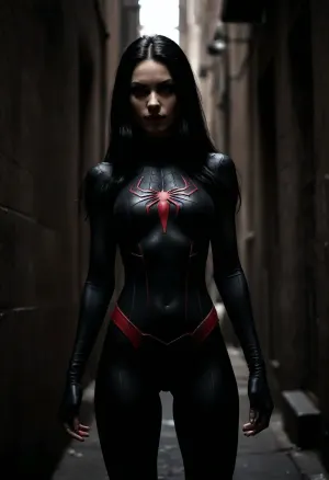 very slim and slender girl in black spiderman outfit, spiderman noir, very long black hair, dark back alley, full body view, very sexy, extreme erotic picture, <lora:dark:.8>