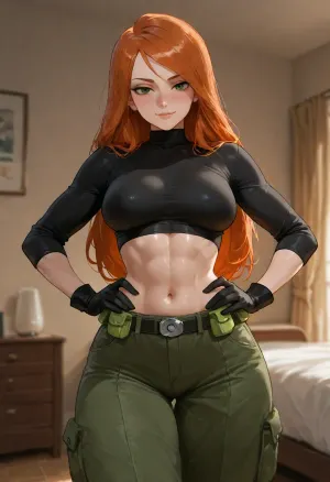 masterpiece, best quality, absurdres, newest, highres, very aesthetic, 1girl, solo, mature female, adult, kim possible, nsfw, long hair, orange hair, green eyes, beautiful detailed eyes, athletic body, medium breasts, narrow waist, toned abs, black crop top, turtleneck, midriff, green cargo pants, black gloves, utility belt, standing, hands on hips, looking at viewer, slight smile, blush, bedroom, detailed background, soft lighting, depth of field, detailed face, detailed eyes, intricate details