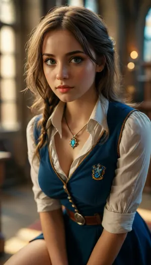 (warm ambient light:.5), (shadows:.4), 8k, best quality, (masterpiece), (intricate details), perfect eyes, perfect face, perfect lighting, beautiful, high detail, octane render, detailed eyes, (full-body shot), (sexy female ravenclaw student), hogwarts, ravenclaw, ravenclaw uniform, boots, black eyeliner, deep cleavage, large breasts, no panties, JS_ShortSkirt, <lora:MJ52:.8>, green, eyes, blue, brown, perfecteyes, <lora:PerfectEyesXL:.8>