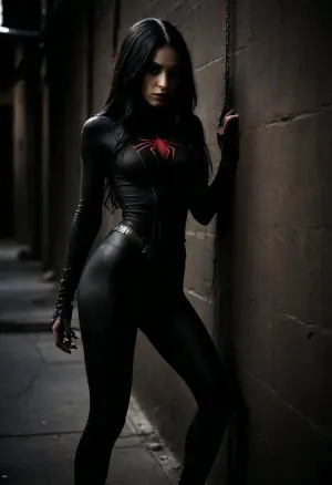 very slim and slender girl in black spiderman outfit chained against the wall, spiderman noir, very long black hair, dark back alley, (full body view), very sexy, thigh gap, <lora:dark:.3>