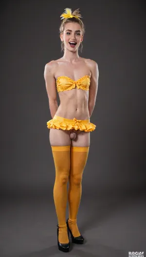 a cross-dressing man—smooth-skinned, (((real man))), (((male crossdresser))), and clean-shaven—wearing blonde hair, feminine makeup, ahegao expression.He appears full-body in the image. Crazy smile, very happy face, tonge out. flat, he wears wavy blonde hair with bright yellow and red tips, long straight style, black bob wig with bright yellow and red side-swept bangs, bright yellow feather headband, bright yellow feathery bikini top, bright yellow feathery micro skirt, bright yellow feather wrist cuffs, bright orange knee-high stockings, bright orange feather arm warmers, yellow egg basket with colorful eggs, laid flat on dark brown background, clean product photography, high detail, studio lighting
