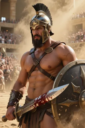 A casual photo of a breathtaking 8k digital painting of a colossal Murmillo gladiator who possesses the god-like, Herculean physique of Neptune, featuring a cavernous, broad chest that strain against his leather straps. He is captured in a stoic, silent gaze within the a dusty, sun-drenched arena under a haze of gold dust. His face is a masterpiece of rugged masculinity, framed by a clean-shaven scalp with a rugged texture and a thick, meticulously groomed dark brown beard specifically trimmed to sit flush against the neck-guard of his ornate bronze Murmillo helmet. The helmet, polished to a mirror sheen, sits atop his head, its iconic fish-crest gleaming under dramatic chiaroscuro lighting. He is armed with a heavy, blood-stained gladius and a massive, rectangular curved scutum shield that bears the marks of a hundred clashes. The composition is a dynamic mid-shot, emphasizing his overwhelming scale and presence, while the background is blurred into a roar of thousands of spectators.. It's a casual photo. Overall it's an actual real-life photograph.