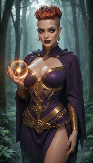 Wizard School, (wizard:1.5), hottie, torso focus, pixie hairstyle, spiked hair, (orange, black, ombre, hair), (dramatic makeup:1.2), (shaved head:.8), piercings, (dark lipstick), (foggy forest), (from below:.3), (eye, contact, with, viewer), (oblique view), (hyper detailed), (reiq:1.2), (eye shadow), (standing), (hips tilted:1.2), (cleavage), grin, wizard sexy armor, (gold filigree:1.4), holding magic orb