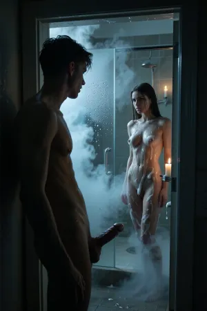 Photorealistic cinematic Film Noir scene, 19 years old young man standing in absolute darkness in a hallway, only faint glimmers of his hair visible in shadow, he jerks off his penis, while, he gazes through a very narrow door crack into a bathroom filled with thick steam, the air dense and hazy, in the distance a 20 years old brunette woman behind a fogged glass shower door, water droplets detailed on glass, her sexy silhouette covered in foam, candlelight flickers as the only illumination, water glistens on her skin, every surface damp and shadowy, the young man distant, the scene wrapped in mystery and tension, a film noir masterpiece full of darkness, distance, steam, and subtle intimacy.