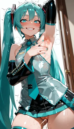 absurdres, details, look vary much young hatsune miku, armpit cutout, tiny, Unexpected penetration of a virgin pussy by a very much young men cum Accidental ejaculation, unrealistically flat chest breasts, side boob, afterglow, seductive, nipple slip, wide-open crazy eyes, crazy smile, breathing, pussy juice, microskirt, trembling, spread armpit, arm up, sideways glance at viewer, blush, frown, sweat, 3d