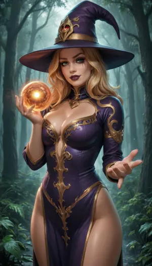 Wizard School, (wizard:1.5), hottie, torso focus, pixie hairstyle, spiked hair, (orange, black, ombre, hair), wizard hat, (dramatic makeup:1.2), (shaved head:.8), piercings, (dark lipstick), (foggy forest), (from below:.3), (eye, contact, with, viewer), (oblique view), (hyper detailed), (reiq:1.2), (eye shadow), (standing), (hips tilted:1.2), (cleavage), grin, wizard sexy armor, (gold filigree:1.4), holding magic orb