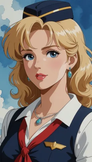 A screenshot from a hand-painted Japanese animated feature from the late 1980s. The gouache-painted character cels are highly detailed, featuring shading and contrast typical of the "office drama" genre. The artwork is distinctly 2D—classic, traditional animation free from digital influence. The background is rendered in watercolor, adhering to traditional Japanese animation techniques. beautiful airplane stewardess. 20 year old, jewelry, blonde, wavy hair, very clear blue eyes
