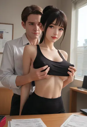 (side perspective), Sexy asian goth girl surrounded in her professor's office, her hands behind her back, cleavage, back arched, smiling, excited, (hyper detailed), (older professor grabbing her breasts), (man squeezing her breasts), (man groping woman), (erect nipples), (violet eyes), side boob, underboob, sideboob, large saggy breasts, no bra, (SamDoesArts:.9), drawing, (J_cartoon:1.3), (incase:.5), <lora:SDXLSamDoesArts:.5>, <lora:mk_Bp Anime_xl:.2>, <lora:EnvyAnimeDigitalPaintingXL01:.1>, <lora:ratatatat74-000050:.1>, <lora:J_cartoon:.1>