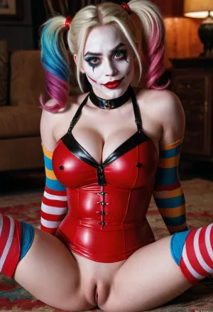 young beautiful futa Harley Quinn with big breasts, wearing a pulled-up dress without any underwear, trans, big dick, laying on her back with spread legs, no panties, long striped socks, clown makeup, skinny, white face paint, detailed penis, looking at the viewer, back long high twin multi-colored ponytails, excited, aroused, tack sharp, 4k, dslr