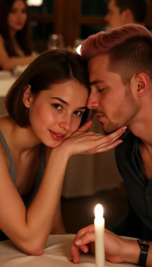 A young woman with shoulder-length messy brown hair, big hazel eyes, and a slender build as observed from Picture 1, sits at a restaurant table across from a man. Her face is flushed, her expression a mix of playful affection and newfound vulnerability, her lips parted after a shared kiss. A man in his 30s with short pink-dyed hair, a groomed beard, and a broad-shouldered, athletic build as observed from Picture 2, leans toward her. His hand rests on hers, his gaze fixed intently on her face. Both are fully clothed, dressed in elegant dinner attire.

She leans forward, her forehead resting gently against his, her fingertips grazing his jawline and cheekbone in a tender, intimate gesture that centers the moment of their connection. The atmosphere is charged with their quiet, private dialogue, the rest of the restaurant blurred and fading into the background as they focus entirely on each other. Her posture is relaxed yet attentive, her hand still lacing with his as she pauses mid-sentence, a playful grin touching her lips.

The setting is a dimly lit, intimate restaurant environment with a single flickering candle on the table, casting warm, soft highlights on their skin and faces. The background is composed of soft-focus ambient light and the faint, indistinct shapes of other diners, creating a shallow depth of field that emphasizes the two characters. The lighting is warm and amber-toned, enhancing the romantic and slightly provocative mood of their private interaction. Realistic style, cinematic composition, medium close-up shot capturing their facial expressions and the intimate connection of their hands, 4K resolution, high-quality digital photography.