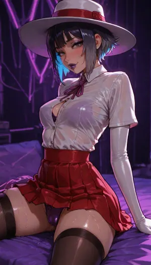 (markgavatino style:.5), (Melkor mancin style:.5), 20 year old, small petite athletic fit FIlipina wife, (sitting on bed in purple neon-color bed room), secretary costume, large cute hat, flirty sultry slut, high quality face details, dark lipstick, eyeliner, big cute gray eyes, (((hypersaturated bright))), (lustrous short hair with blue highlights), (adorable dress), firm hard breasts under fancy white dress, purple satin bra, (full large red skirt:1.2), pleated, long stockings, side view, <lora:EnvyBeautyXL04:.7>, oozing dripping panties, moist wet, (((she has a small futa penis bulge under her panties))), long gloves