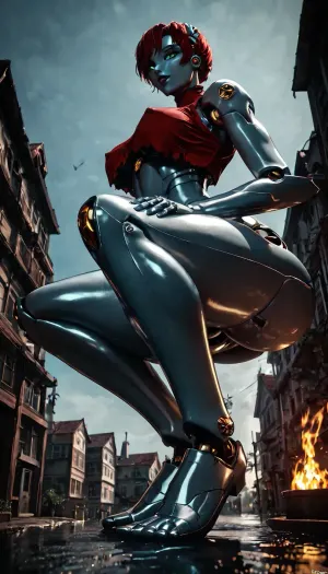 a futanari robot, not human, firefighter plastic skin, with a very large penis, curved up, massive jet of pee, squatting, legs open, seen from side, full body image. robot is gigantic, imposing, strong, industrial strength smaller then robot, bruning buildings, 200feet tall. house on fire below her and background., (giant robot:2), 7-Evangelion, 7-EVA01, 7-EVA02, <lora:Evangelion Style SDXL  v1.0:.8>, <lora:dark:.8>