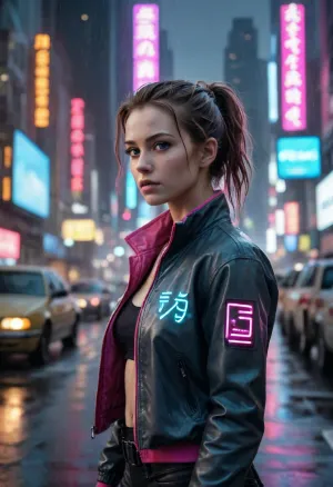 masterpiece, top quality, raw photo, (realistic skin texture:1.2), breathtaking cyberpunk cinematic medium shot, tech-augmented heroine integrated seamlessly into the scene, positioned slightly off-center from the waist up. Vast towering vertical city canyon with infinite depth, colossal dystopian mega-structures pierce dense neon smog at midnight, massive holographic corporate ads floating between skyscrapers, glowing kanji signs flashing, flying vehicle light trails crisscrossing through heavy rain. The heroine wears a detailed matte carbon fiber and nylon tactical jacket with subtle glowing fiber-optic lines, reflecting vibrant pink, cyan, and electric blue city lights. Her face and cybernetic icy-blue eyes in sharp focus. Overwhelming scale, intricate geometry, chaotic beauty of the neon city. Shot on 35mm anamorphic lens, Arri Alexa, cinematic chiaroscuro, high-contrast dark synthwave atmosphere, film grain, volumetric lighting, water droplets, highly detailed, 8k resolution
Используйте код с осторожностью.